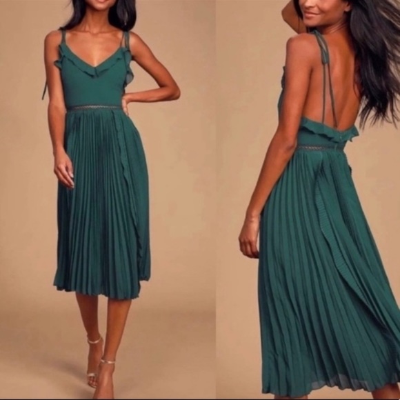 Lulus Dresses & Skirts - Lulu's NWT Never a Dull Moment Emerald Green Tie-Strap Pleated Midi Dress